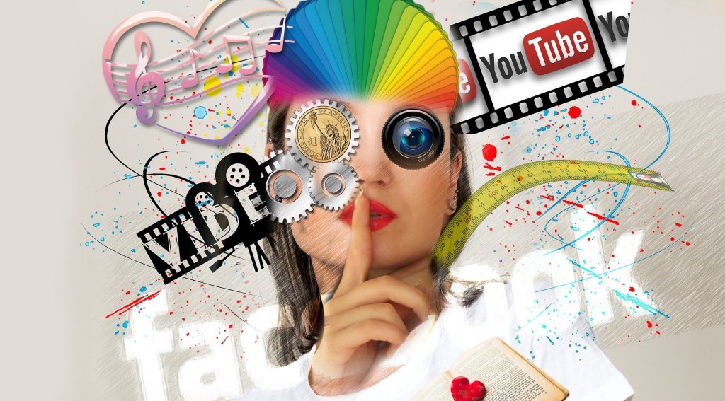 Colourful abstract of a woman surrounded by social media logos